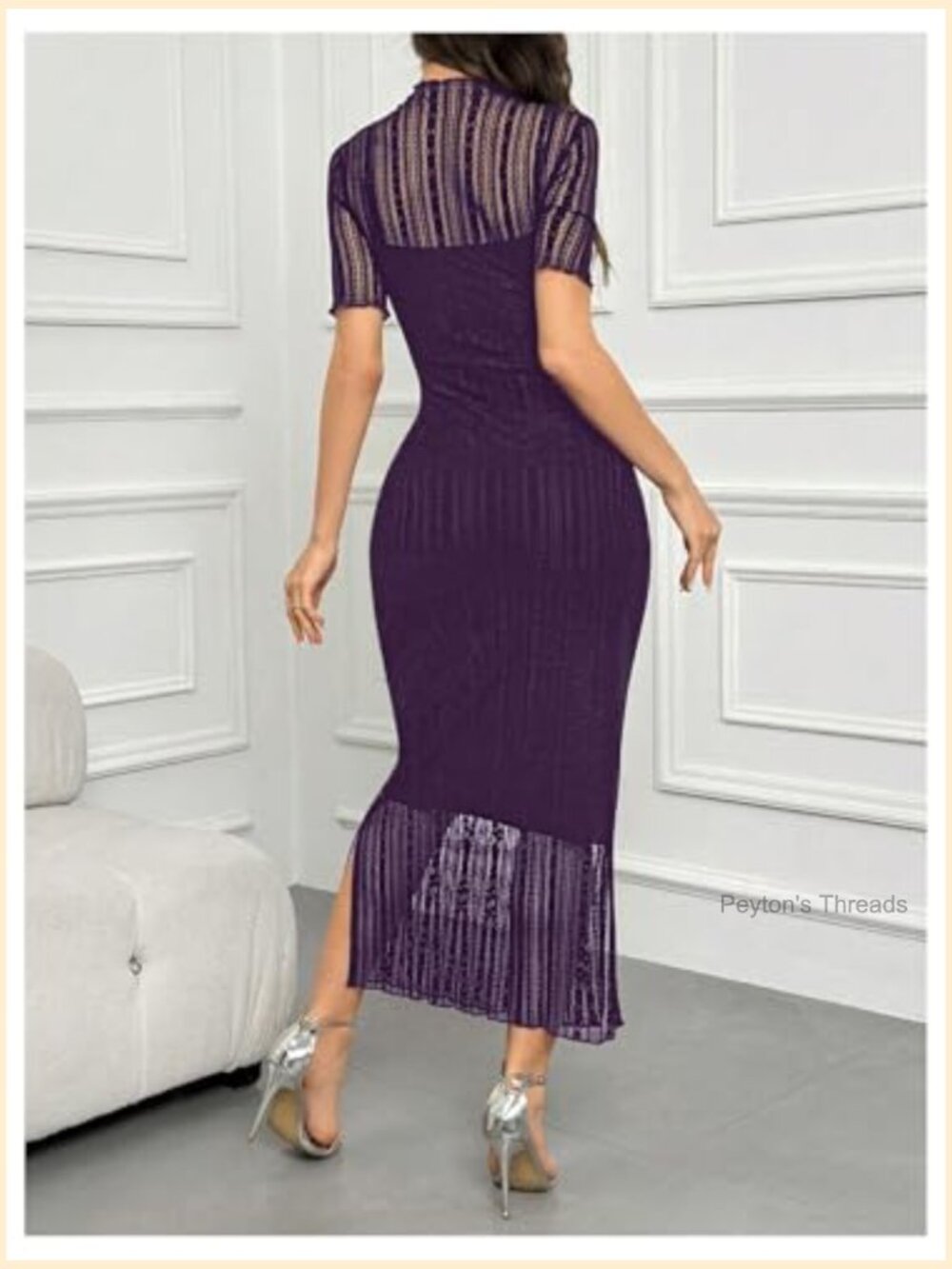 Contrast Lace Mock Neck Mesh Short Sleeve Pencil Midi Dress with Slit - Picture 3 of 5